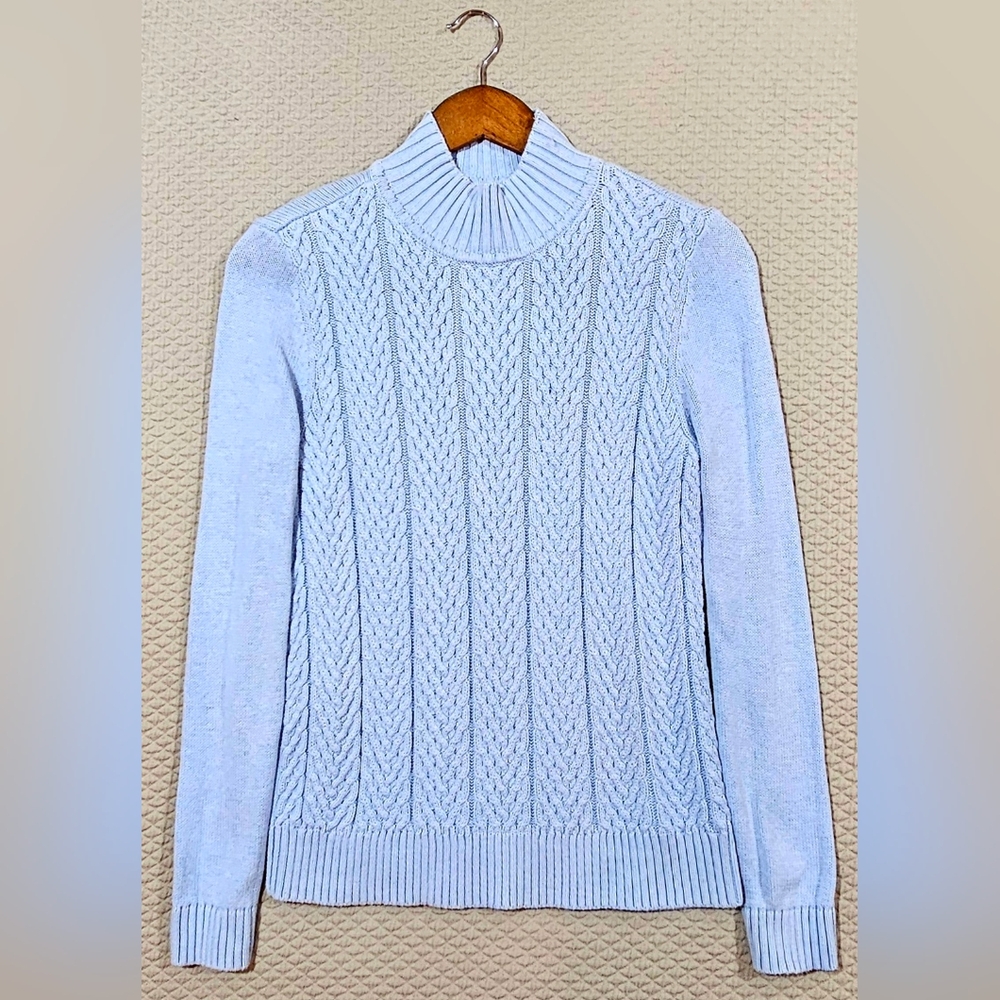 Croft & Barrow Sky‎ Blue 100% Cotton Cable Knit Mock Neck Sweater Size PM